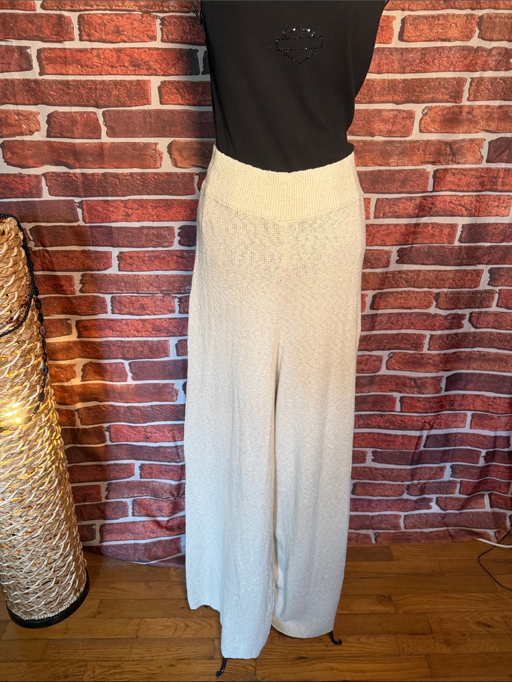 👘 Free People Knit Bouclé Lounge Pants Large Cream Wide Leg – NWOT / I